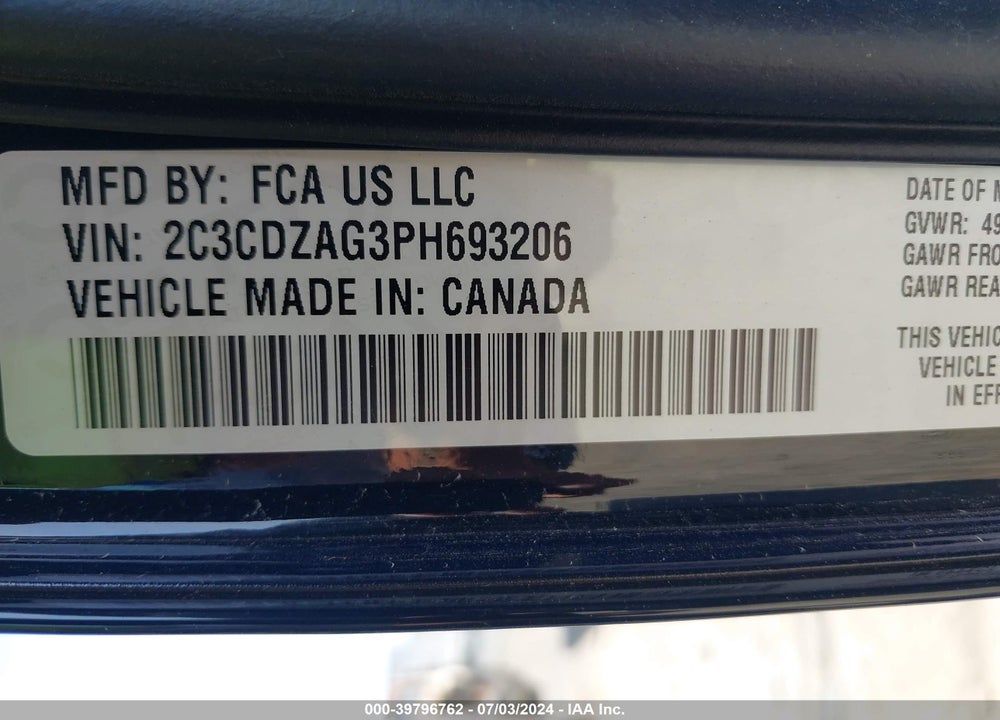 2023 DODGE CHALLENGER SXT VIN: 2C3CDZAG3PH693206