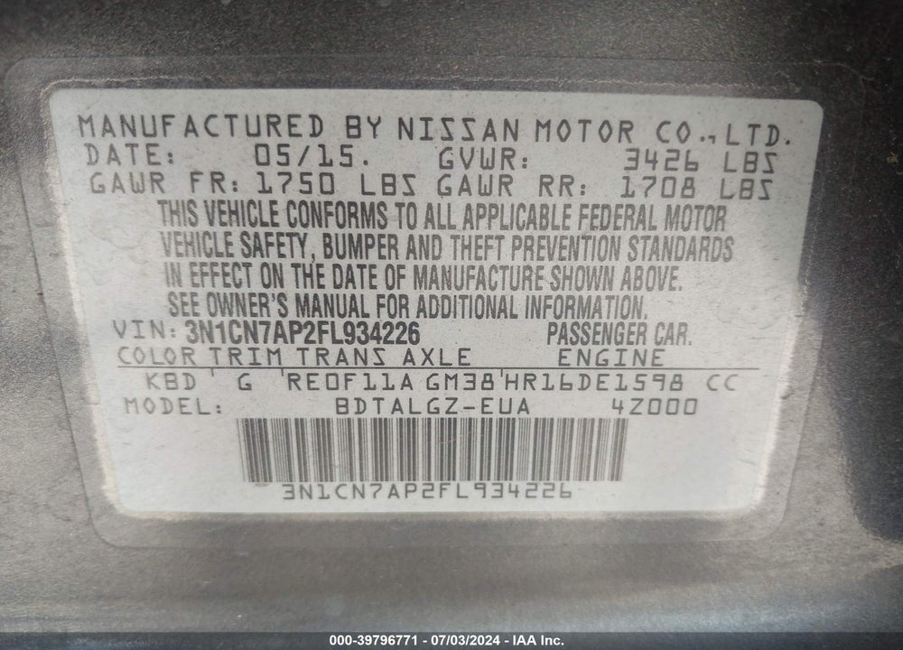 2015 NISSAN VERSA 1.6 SL VIN: 3N1CN7AP2FL934226