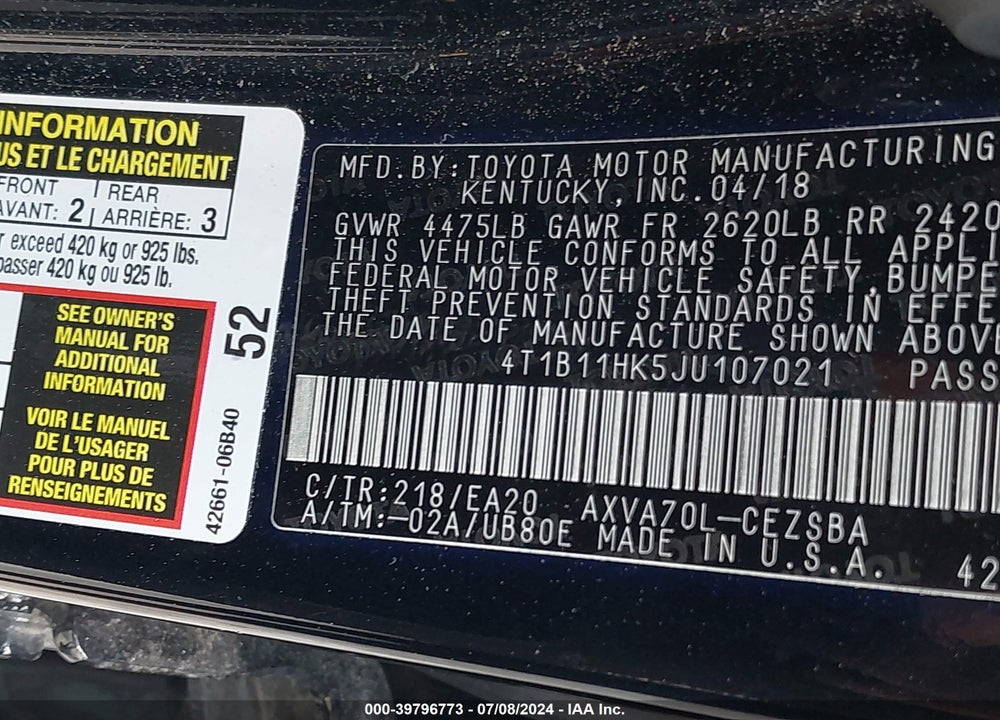 2018 TOYOTA CAMRY SE VIN: 4T1B11HK5JU107021