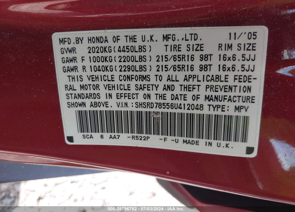2006 HONDA CR-V LX VIN: SHSRD78556U412048