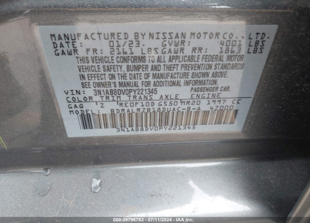 2023 NISSAN SENTRA SR XTRONIC CVT VIN: 3N1AB8DV0PY221345