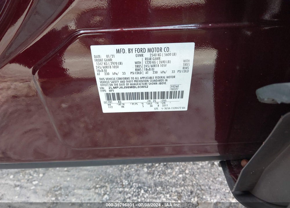 2021 LINCOLN NAUTILUS STANDARD VIN: 2LMPJ6J98MBL03852