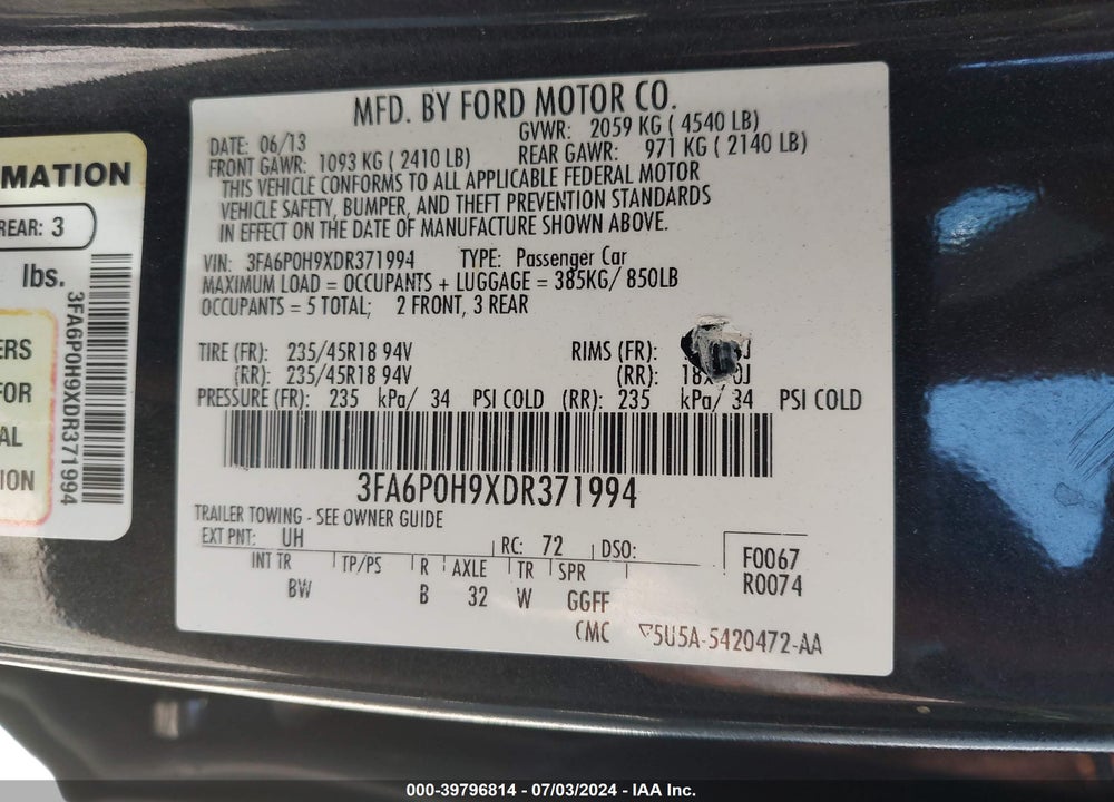 2013 FORD FUSION SE VIN: 3FA6P0H9XDR371994