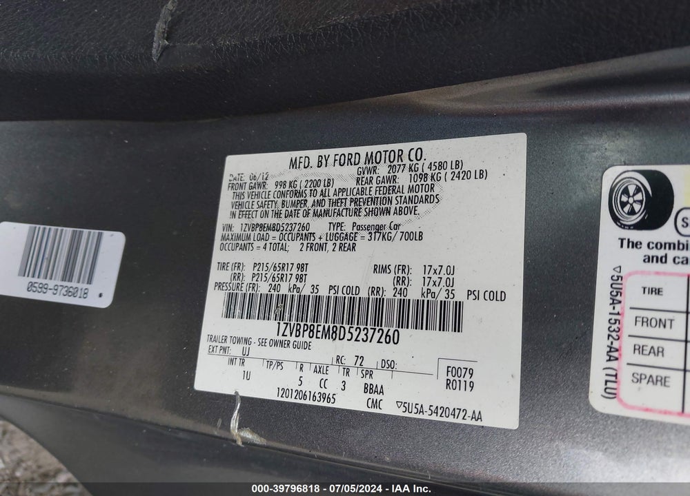 2013 FORD MUSTANG V6 VIN: 1ZVBP8EM8D5237260