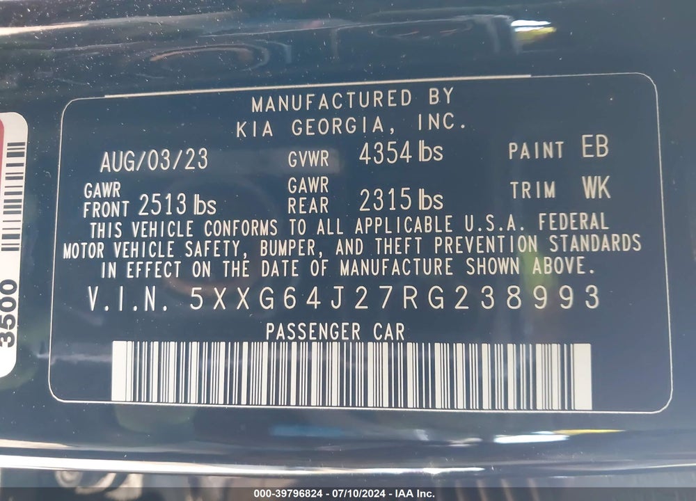 2024 KIA K5 GT LINE VIN: 5XXG64J27RG238993