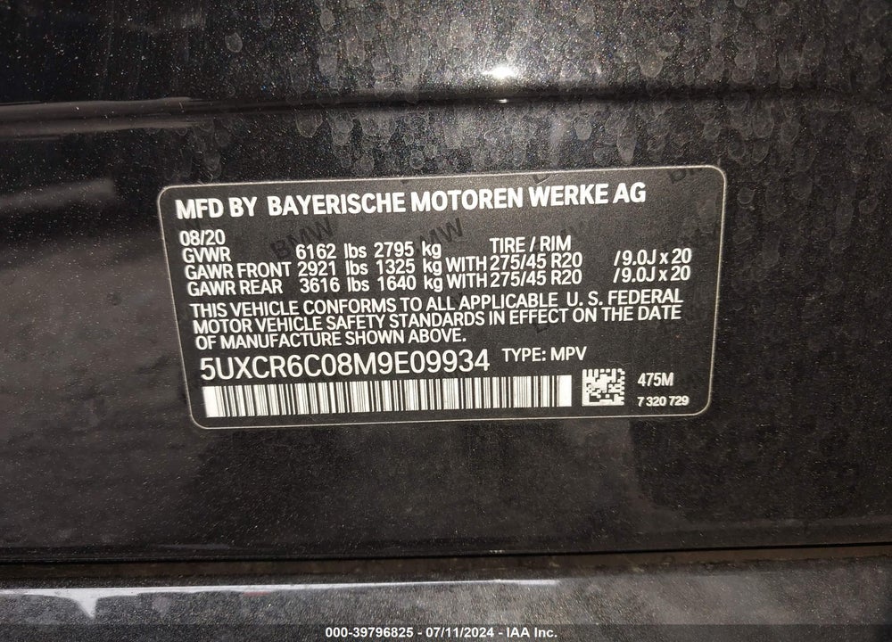 2021 BMW X5 XDRIVE40I VIN: 5UXCR6C08M9E09934