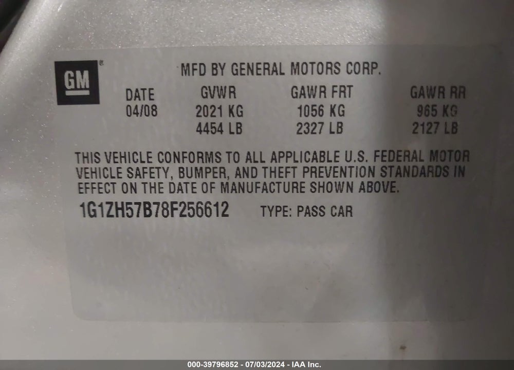 2008 CHEVROLET MALIBU 1LT VIN: 1G1ZH57B78F256612