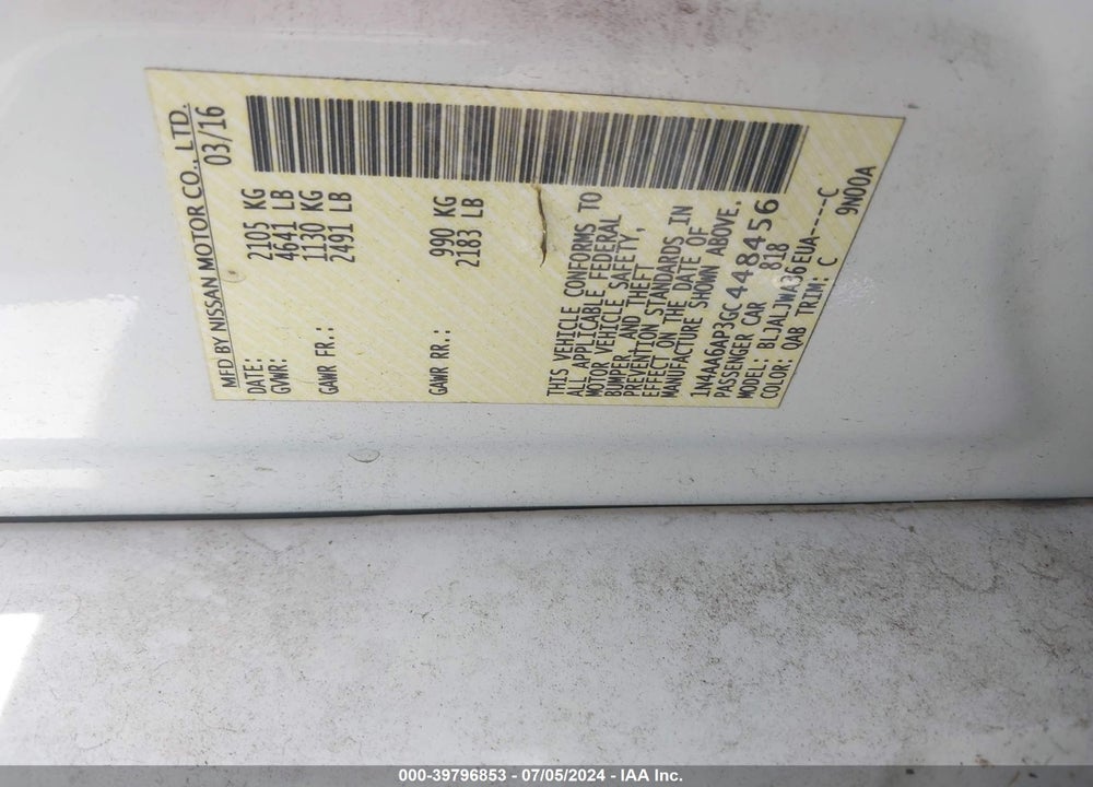 2016 NISSAN MAXIMA 3.5 SV VIN: 1N4AA6AP3GC448456