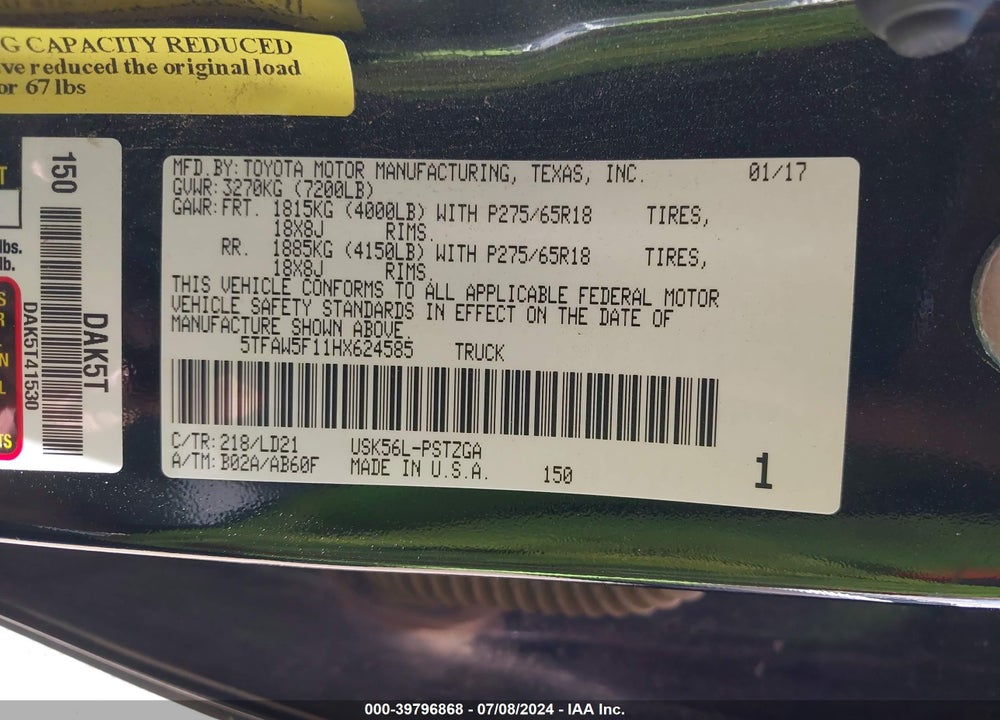 2017 TOYOTA TUNDRA 1794 5.7L V8 VIN: 5TFAW5F11HX624585