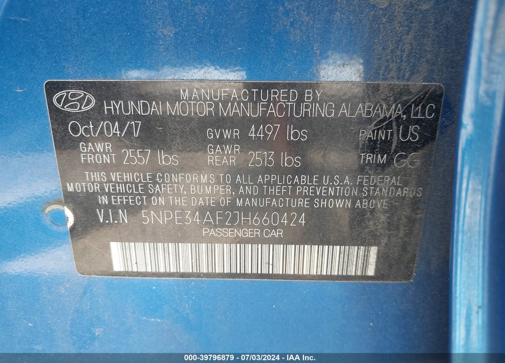 2018 HYUNDAI SONATA SEL VIN: 5NPE34AF2JH660424