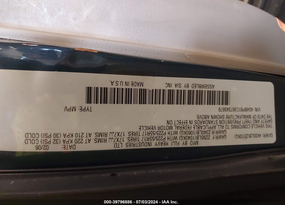 2006 SUBARU OUTBACK 2.5I VIN: 4S4BP61C567345679