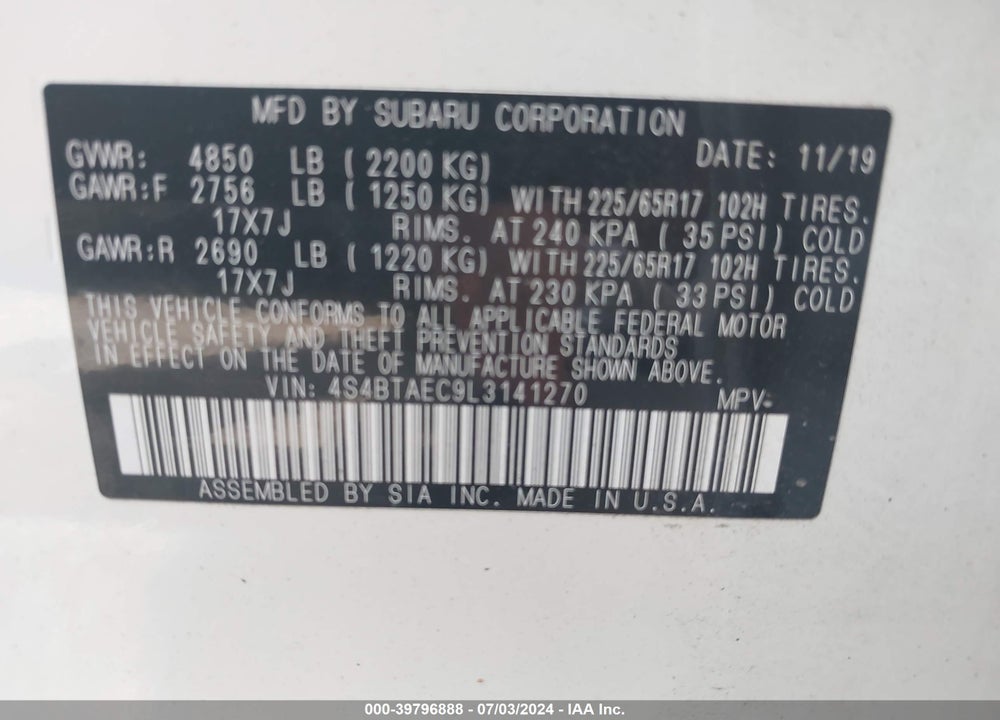 2020 SUBARU OUTBACK PREMIUM VIN: 4S4BTAEC9L3141270