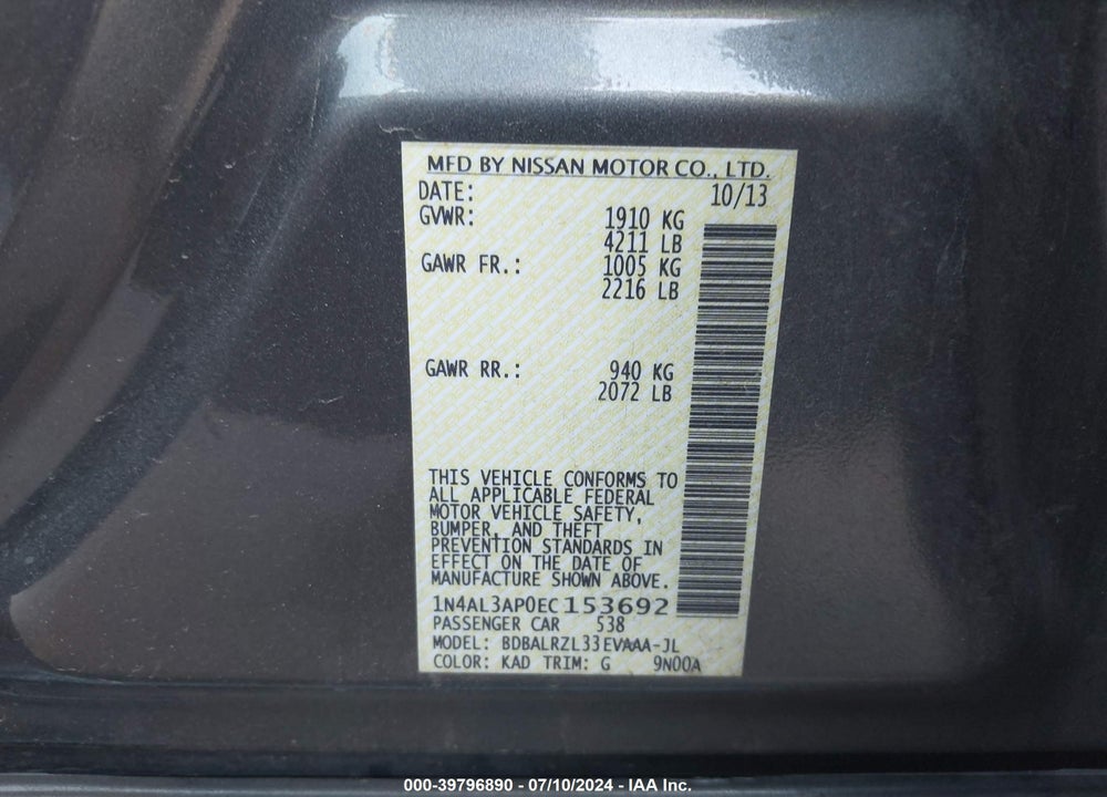 2014 NISSAN ALTIMA 2.5 S VIN: 1N4AL3AP0EC153692