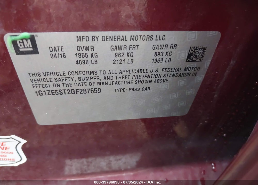 2016 CHEVROLET MALIBU 1LT VIN: 1G1ZE5ST2GF287659