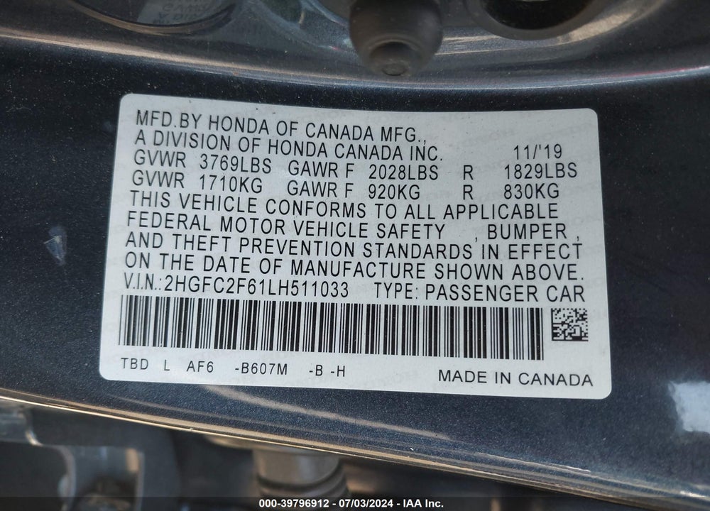 2020 HONDA CIVIC LX VIN: 2HGFC2F61LH511033