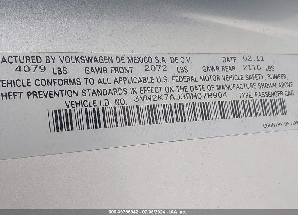 2011 VOLKSWAGEN JETTA 2.0L S VIN: 3VW2K7AJ3BM078904