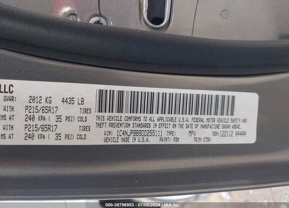 2013 JEEP PATRIOT VIN: 1C4NJPBB9DD255111