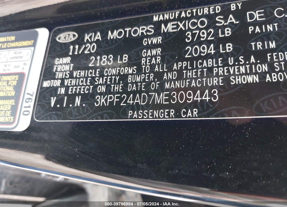 2021 KIA FORTE LXS VIN: 3KPF24AD7ME309443