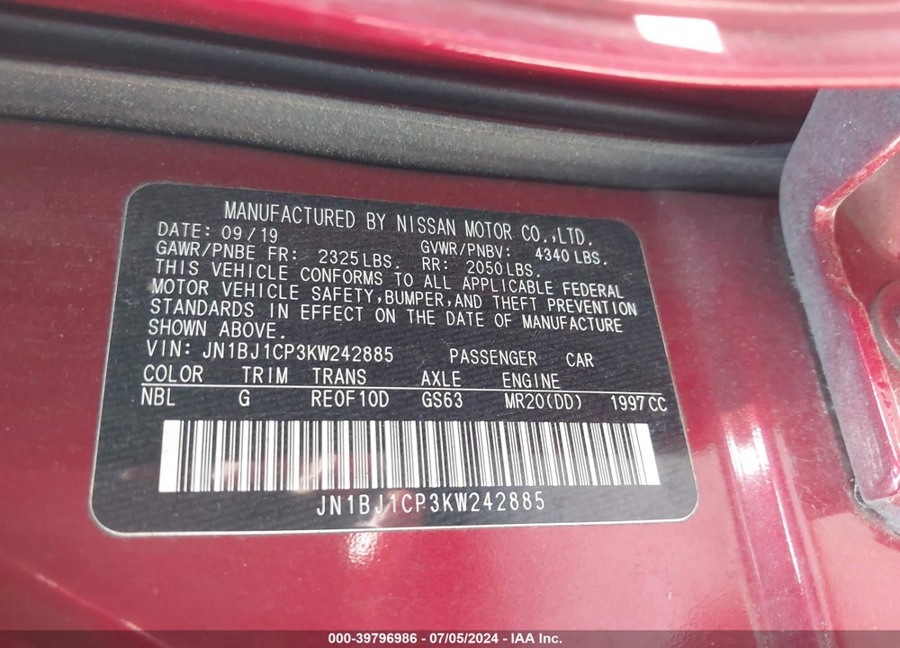 2019 NISSAN ROGUE SPORT SV VIN: JN1BJ1CP3KW242885