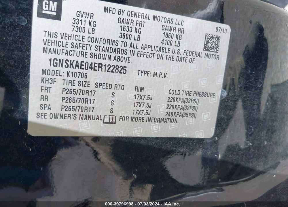 2014 CHEVROLET TAHOE LS VIN: 1GNSKAE04ER122825