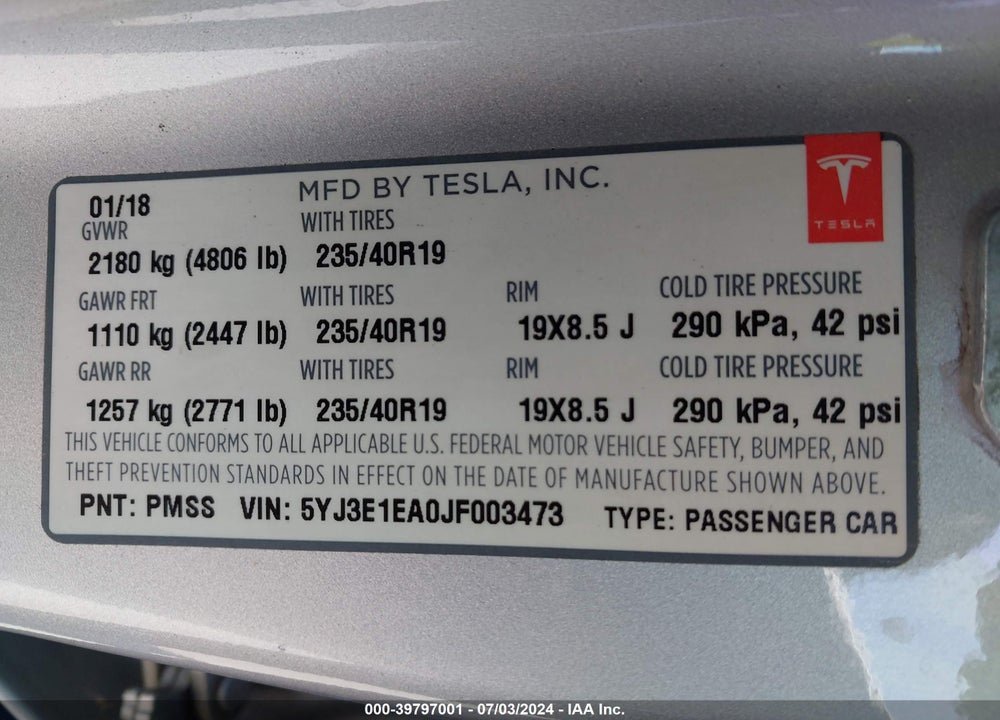 2018 TESLA MODEL 3 VIN: 5YJ3E1EA0JF003473