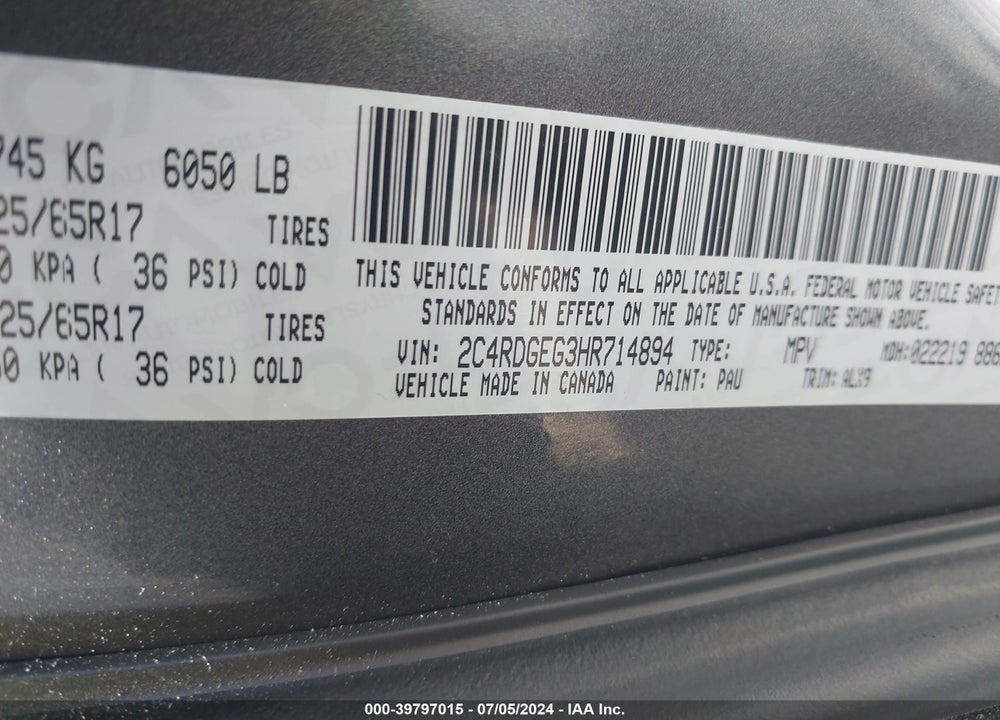 2017 DODGE GRAND CARAVAN GT VIN: 2C4RDGEG3HR714894