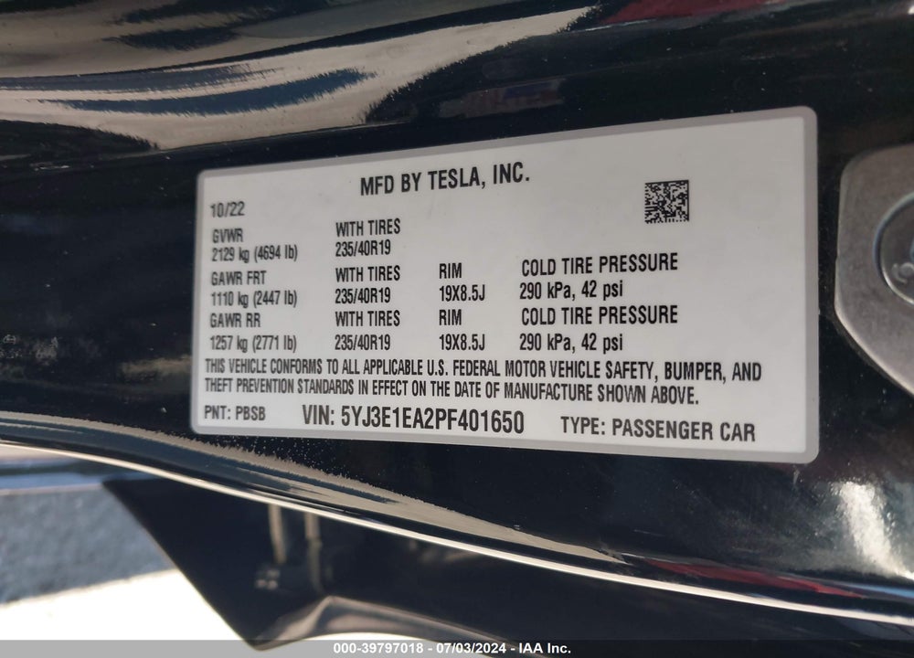 2023 TESLA MODEL 3 REAR-WHEEL DRIVE VIN: 5YJ3E1EA2PF401650