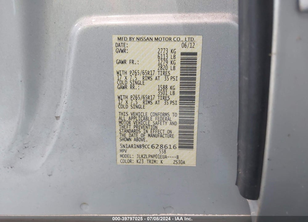 2012 NISSAN PATHFINDER SILVER VIN: 5N1AR1NB9CC628616