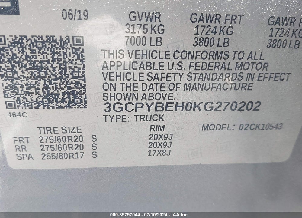 2019 CHEVROLET SILVERADO 1500 CUSTOM VIN: 3GCPYBEH0KG270202