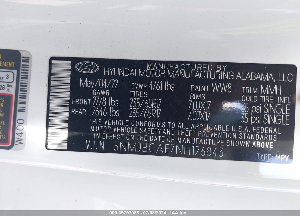 2022 HYUNDAI TUCSON SEL VIN: 5NMJBCAE7NH126843