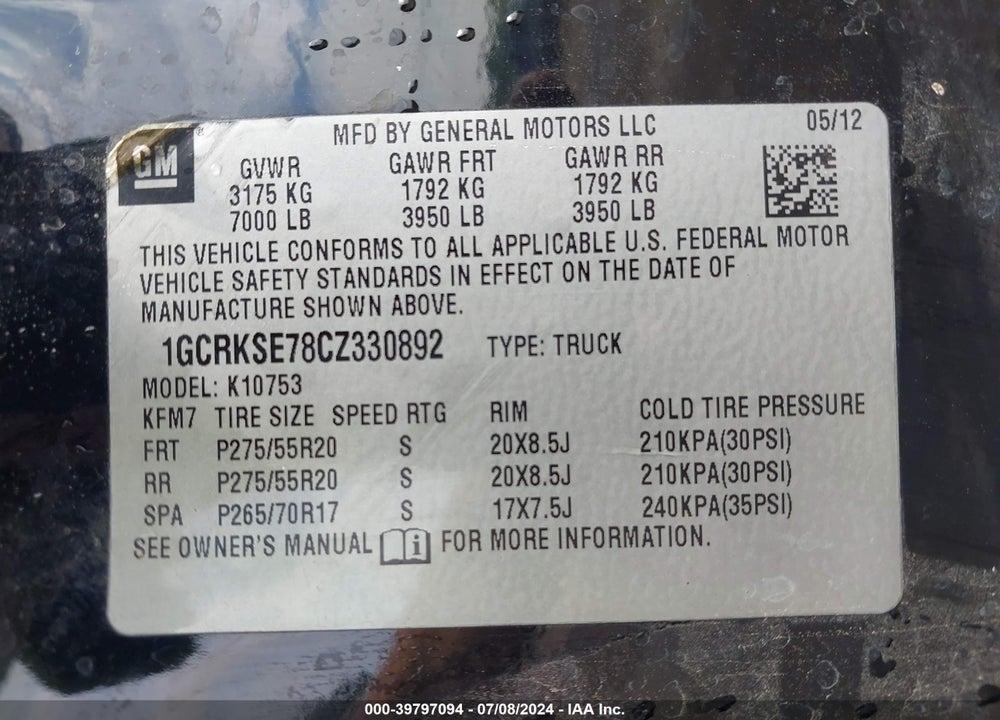 2012 CHEVROLET SILVERADO 1500 LT VIN: 1GCRKSE78CZ330892