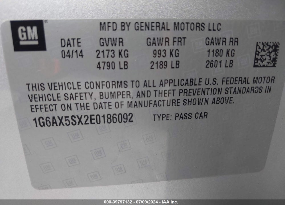 2014 CADILLAC CTS LUXURY VIN: 1G6AX5SX2E0186092