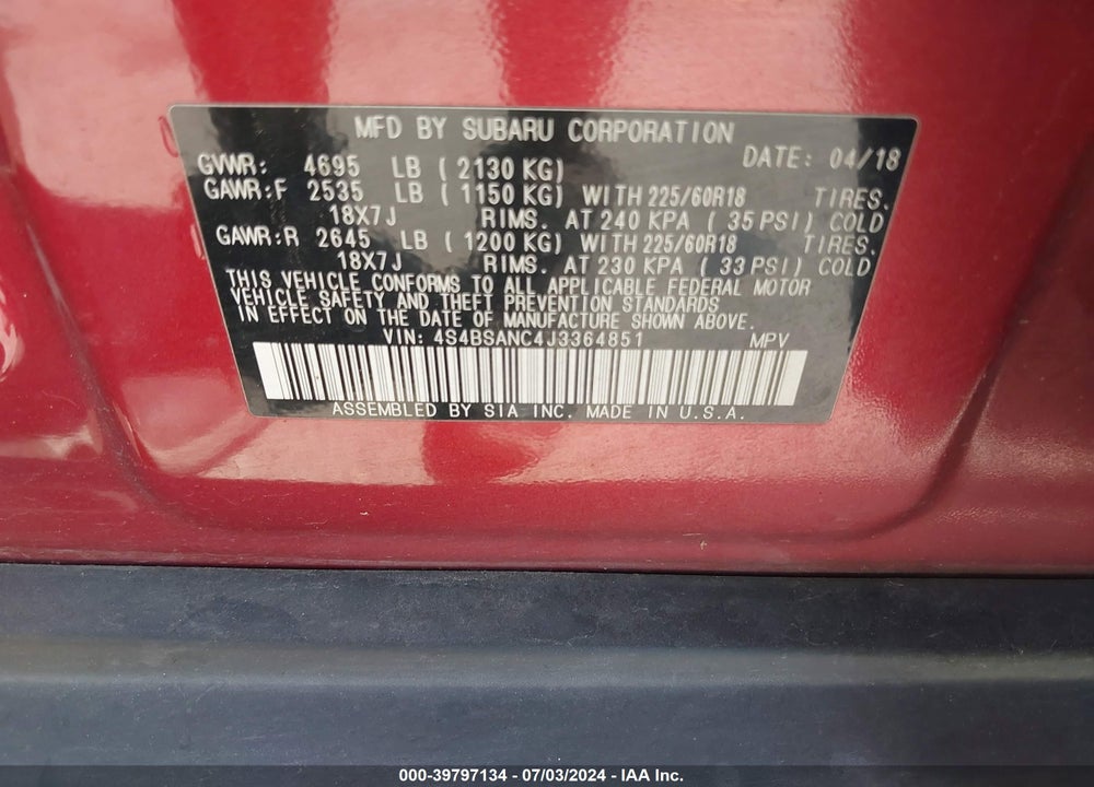 2018 SUBARU OUTBACK 2.5I LIMITED VIN: 4S4BSANC4J3364851