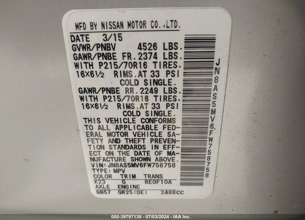 2015 NISSAN ROGUE SELECT S VIN: JN8AS5MV6FW758758