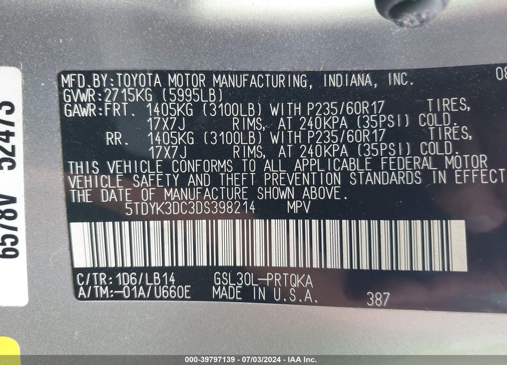 2013 TOYOTA SIENNA XLE V6 8 PASSENGER VIN: 5TDYK3DC3DS398214