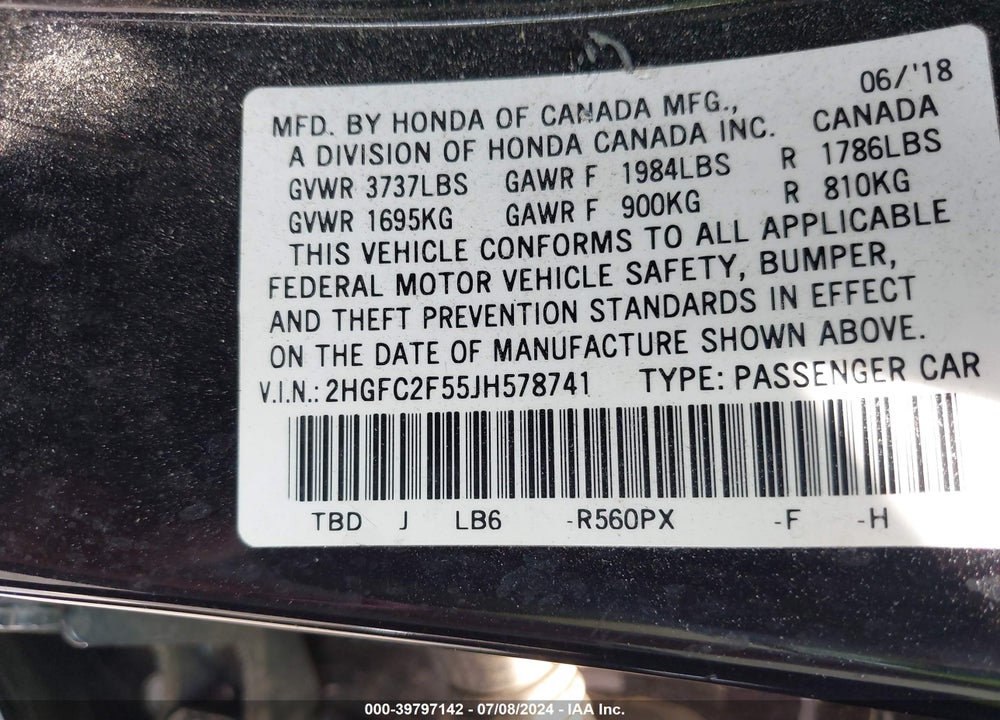 2018 HONDA CIVIC LX VIN: 2HGFC2F55JH578741