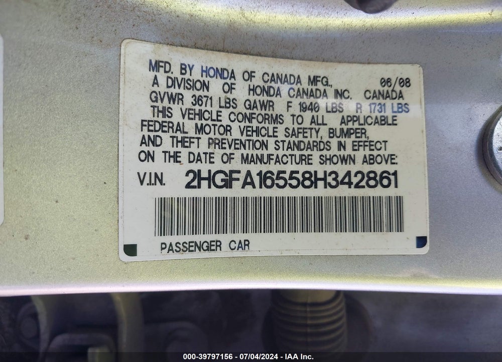 2008 HONDA CIVIC LX VIN: 2HGFA16558H342861