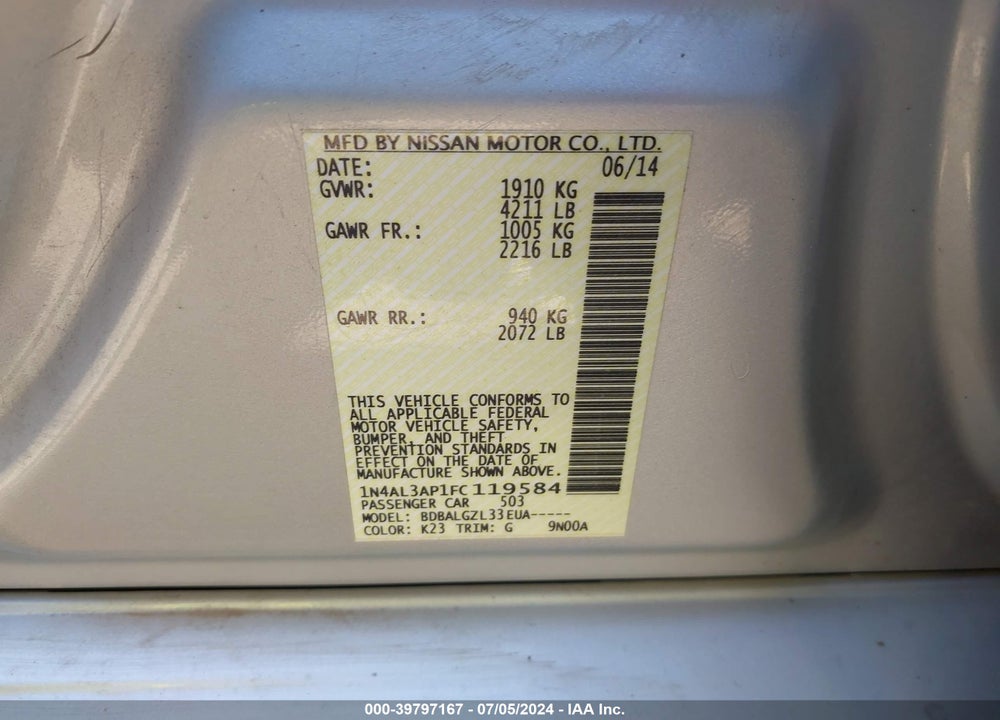 2015 NISSAN ALTIMA 2.5/2.5 S/2.5 SL/2.5 SV VIN: 1N4AL3AP1FC119584