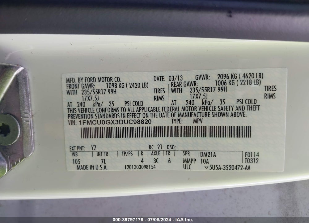 2013 FORD ESCAPE VIN: 1FMCU0GX3DUC98820