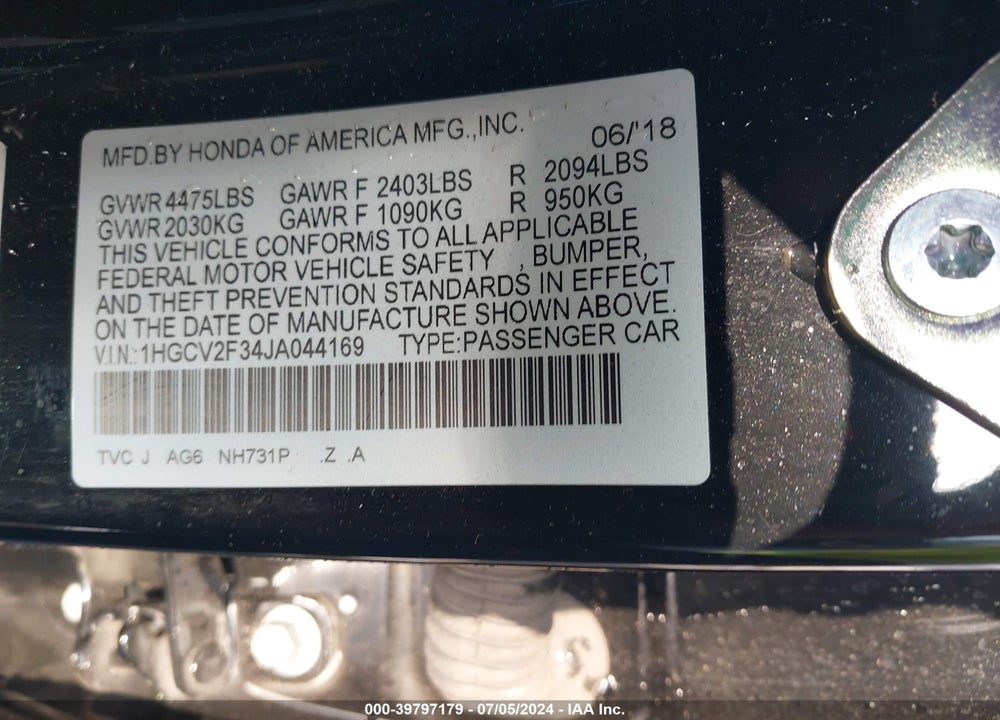 2018 HONDA ACCORD SPORT 2.0T VIN: 1HGCV2F34JA044169