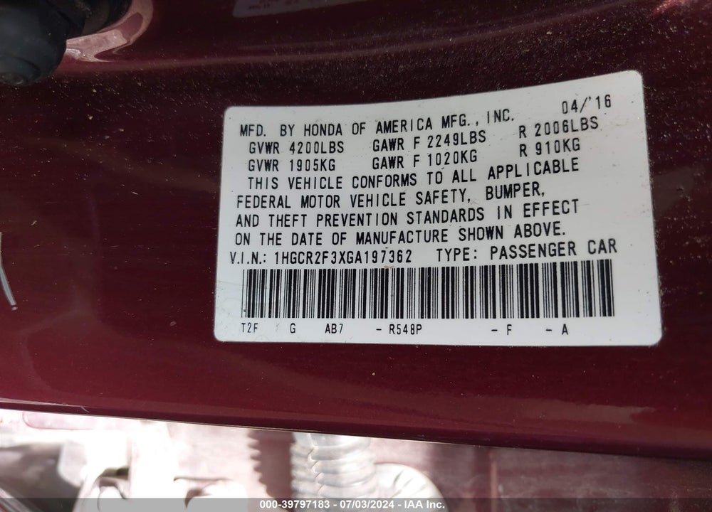 2016 HONDA ACCORD LX VIN: 1HGCR2F3XGA197362