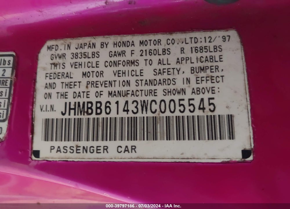 1998 HONDA PRELUDE VIN: JHMBB6143WC005545