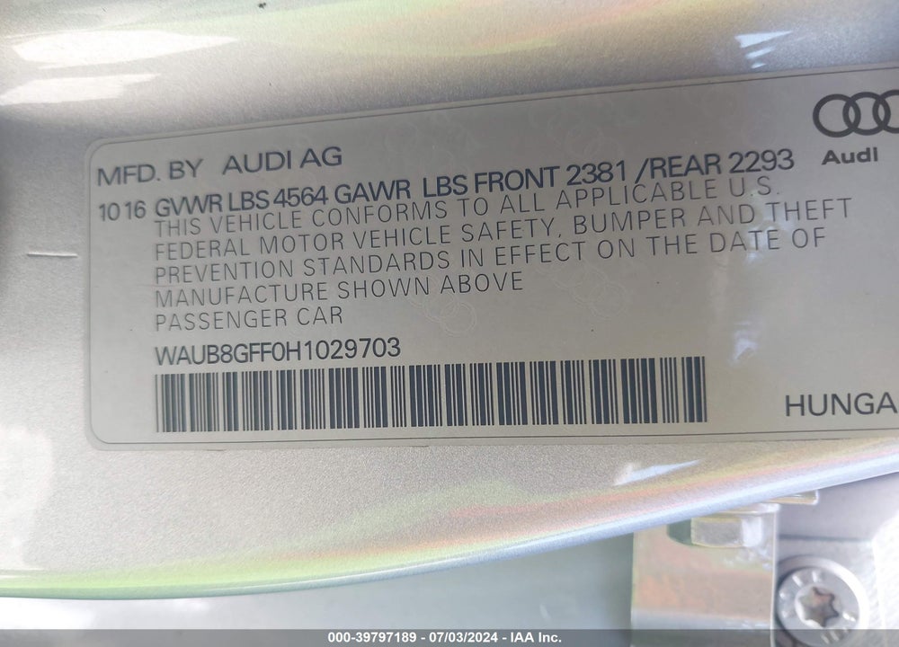 2017 AUDI A3 2.0T PREMIUM VIN: WAUB8GFF0H1029703