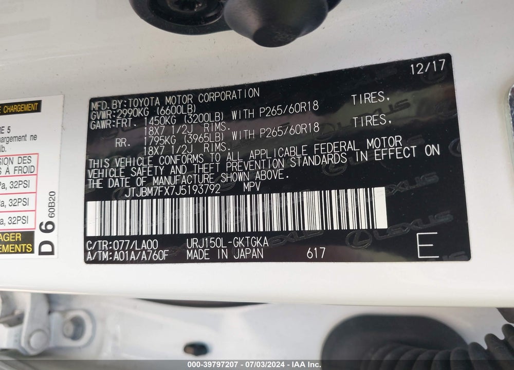 2018 LEXUS 460 VIN: JTJBM7FX7J5193792