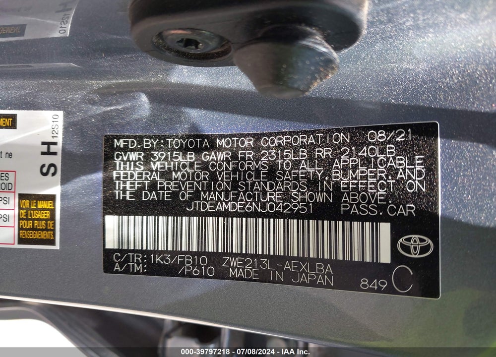 2022 TOYOTA COROLLA HYBRID LE VIN: JTDEAMDE6NJ042951