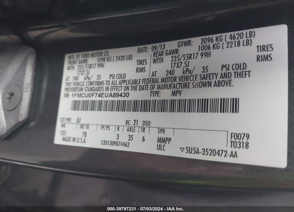 2014 FORD ESCAPE S VIN: 1FMCU0F74EUA89430