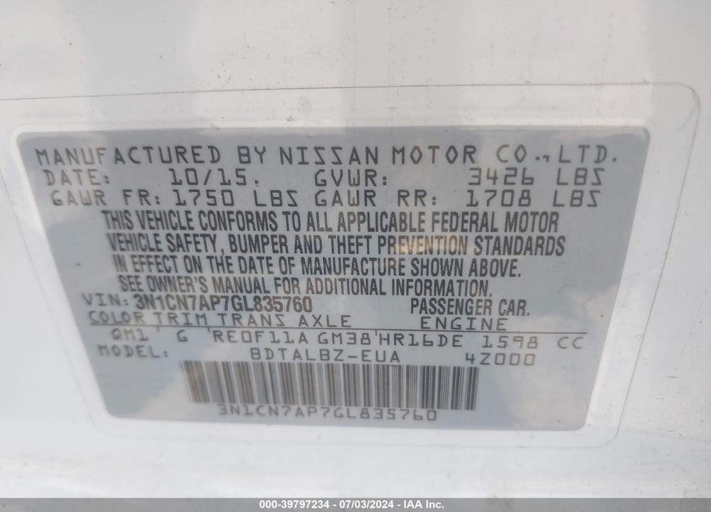 2016 NISSAN VERSA 1.6 SV VIN: 3N1CN7AP7GL835760