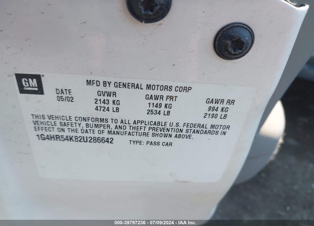 2002 BUICK LESABRE VIN: 1G4HR54K82U286642