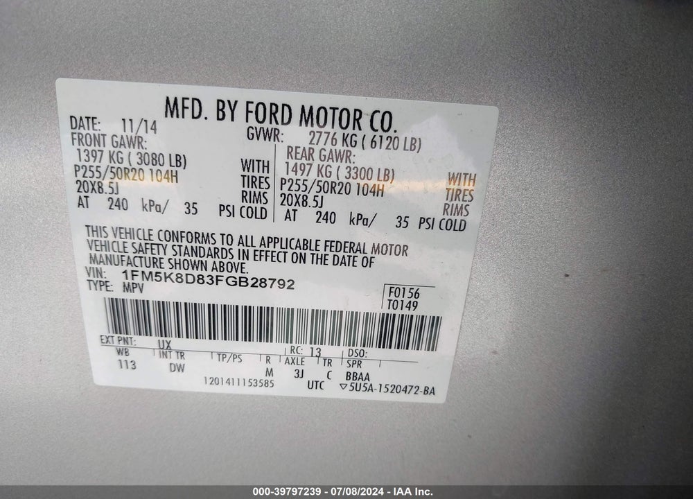 2015 FORD EXPLORER XLT VIN: 1FM5K8D83FGB28792