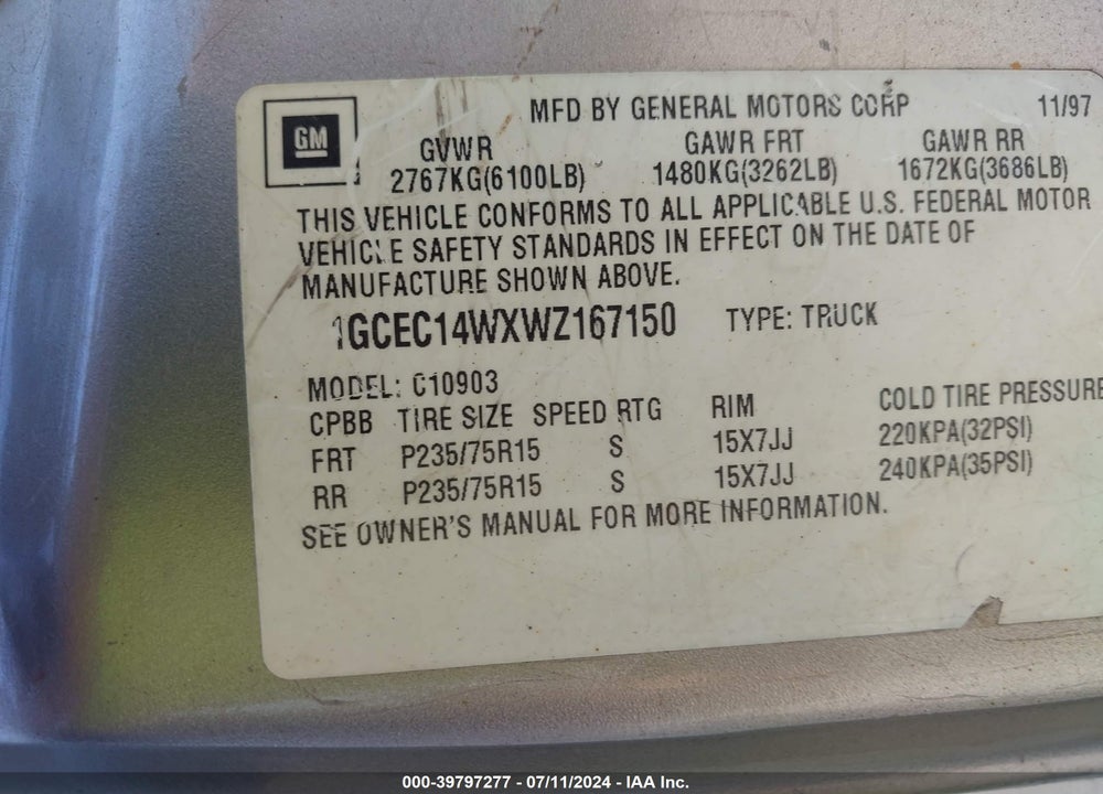 1998 CHEVROLET C1500 FLEETSIDE W/T VIN: 1GCEC14WXWZ167150